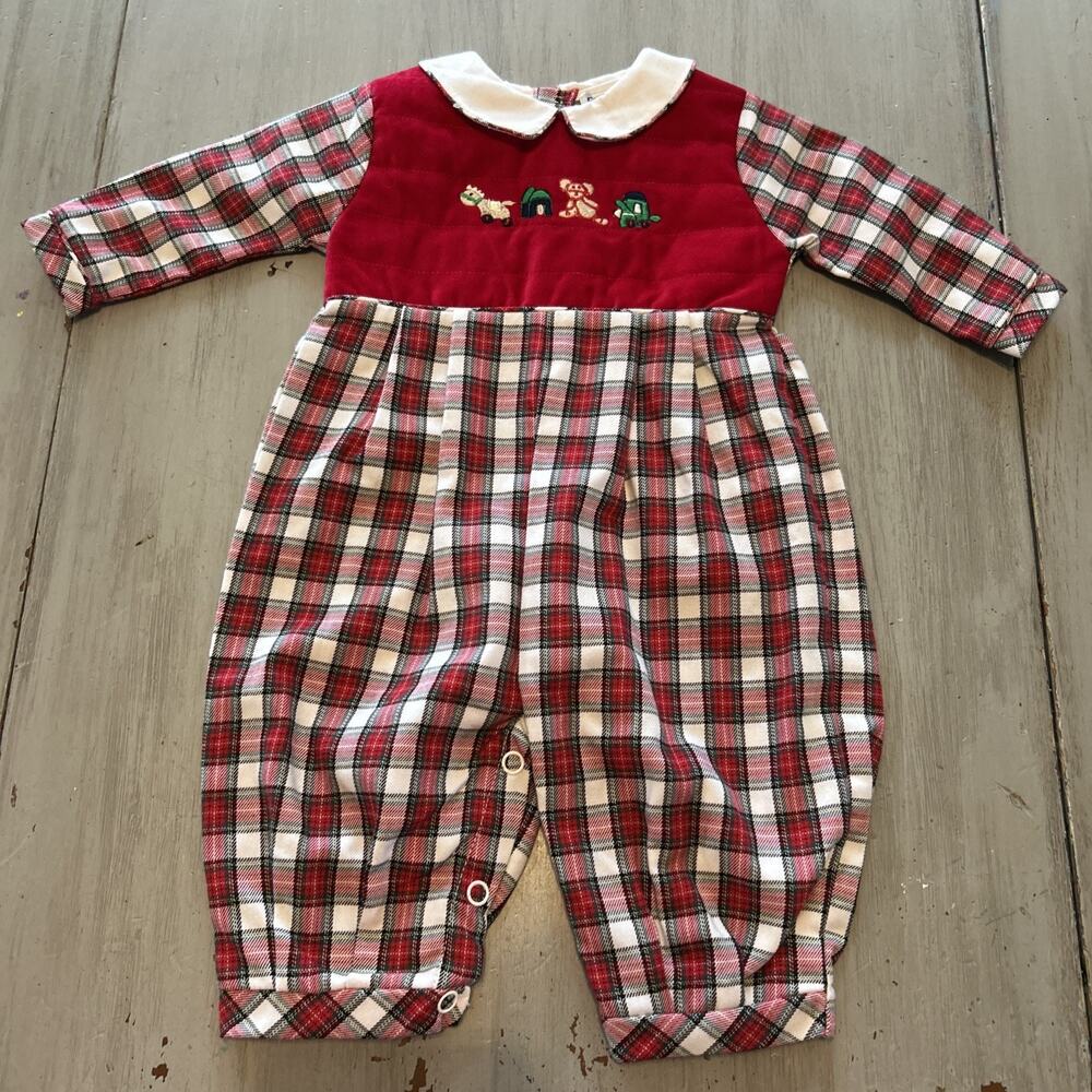 Vtg Friedknit Creations Red Green Plaid One Piece Outfit Sz 6 Months Classic